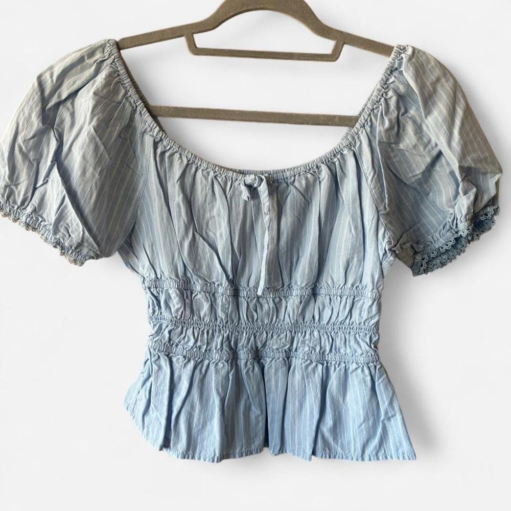 Celebrity Pink blue babydoll milkmaid top with ruffles and puff sleeves Size M